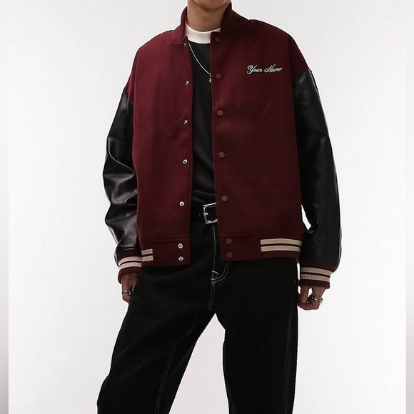 Top Man Burgundy Bomber Varsity Jacket - Picture 9 of 15